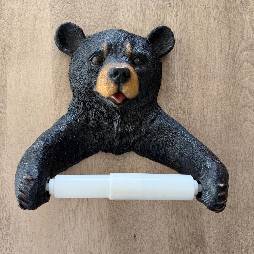 DWK Black Bear Toilet Paper Holder Wall Mount Lodge Cabin Decor Resin 2009 READ